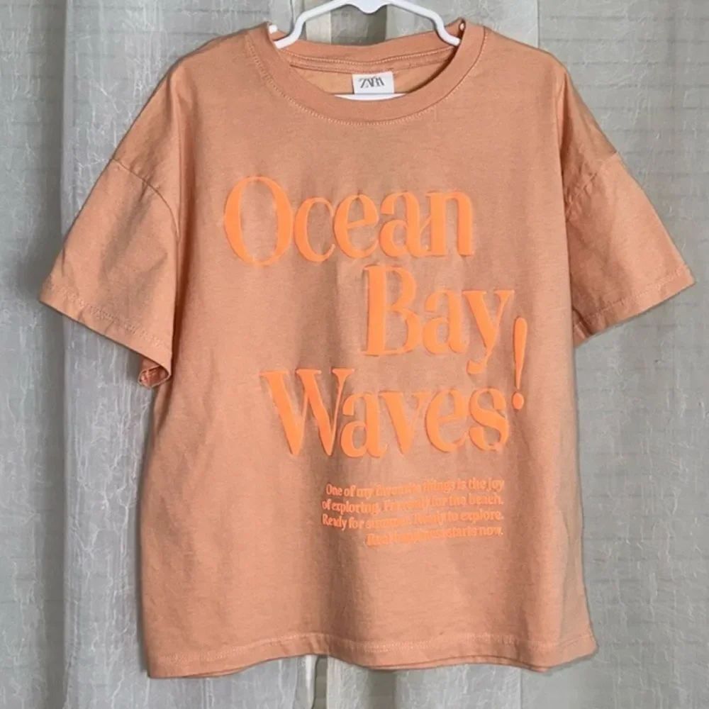 ZARA 6-7 Pastel Orange Neon Graphic Ocean Bay Waves Boxy Fit Short Sleeve Tee